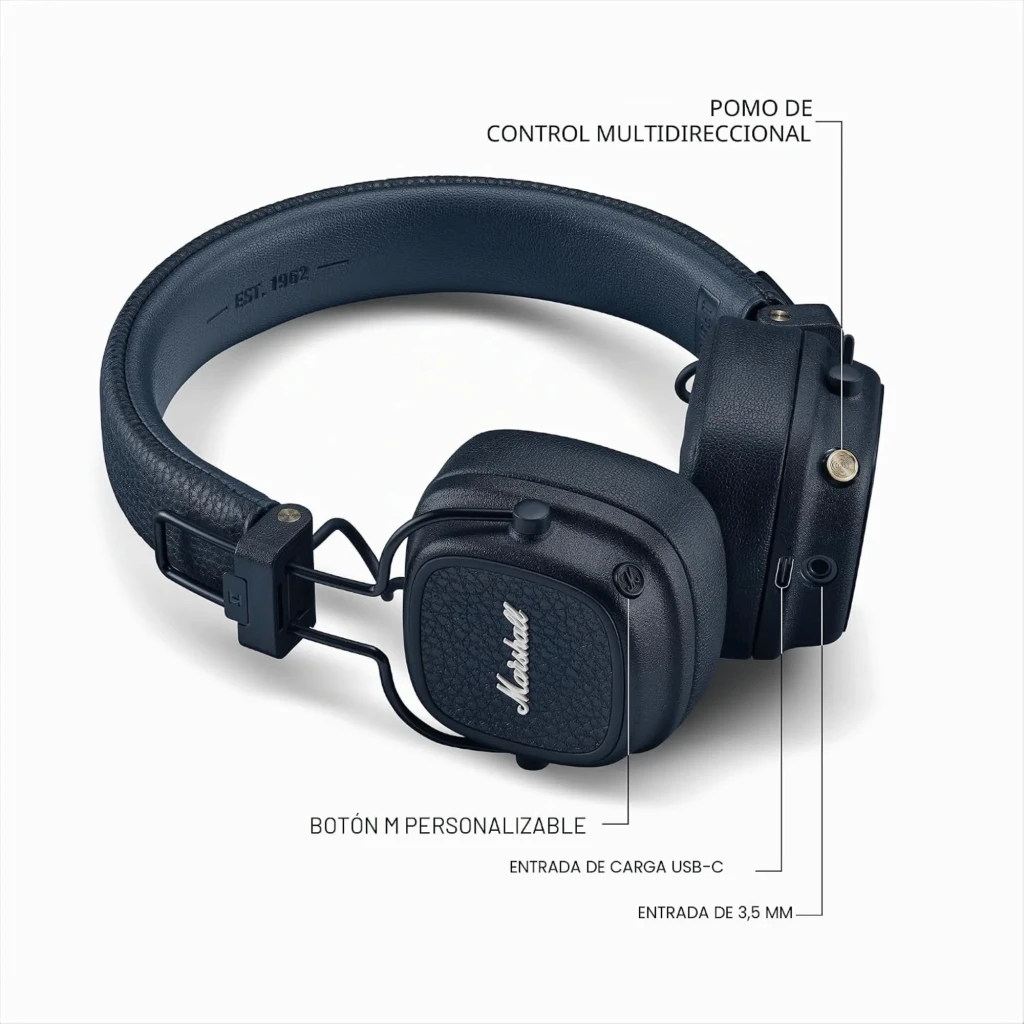 Marshall Major V Azul auriculares on-ear plegables en cuero texturizado, diadema acolchada y copas cuadradas con logo Marshall en relieve y botones metálicos - Ítem1