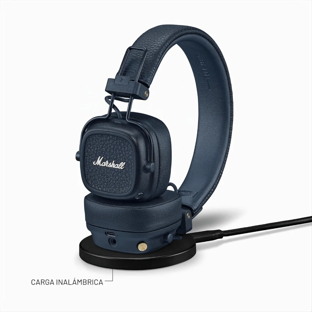 Marshall Major V Azul auriculares on-ear plegables en cuero texturizado, diadema acolchada y copas cuadradas con logo Marshall en relieve y botones metálicos - Ítem2