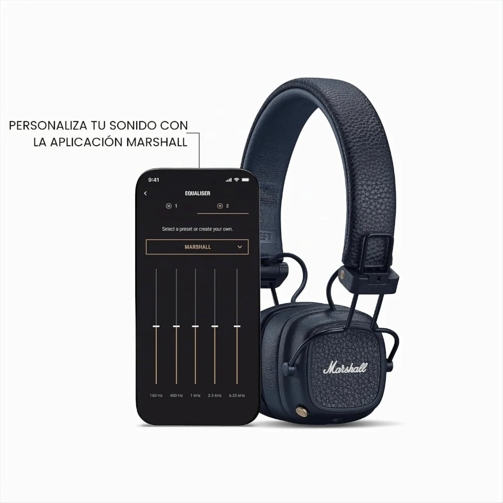 Marshall Major V Azul auriculares on-ear plegables en cuero texturizado, diadema acolchada y copas cuadradas con logo Marshall en relieve y botones metálicos - Ítem3