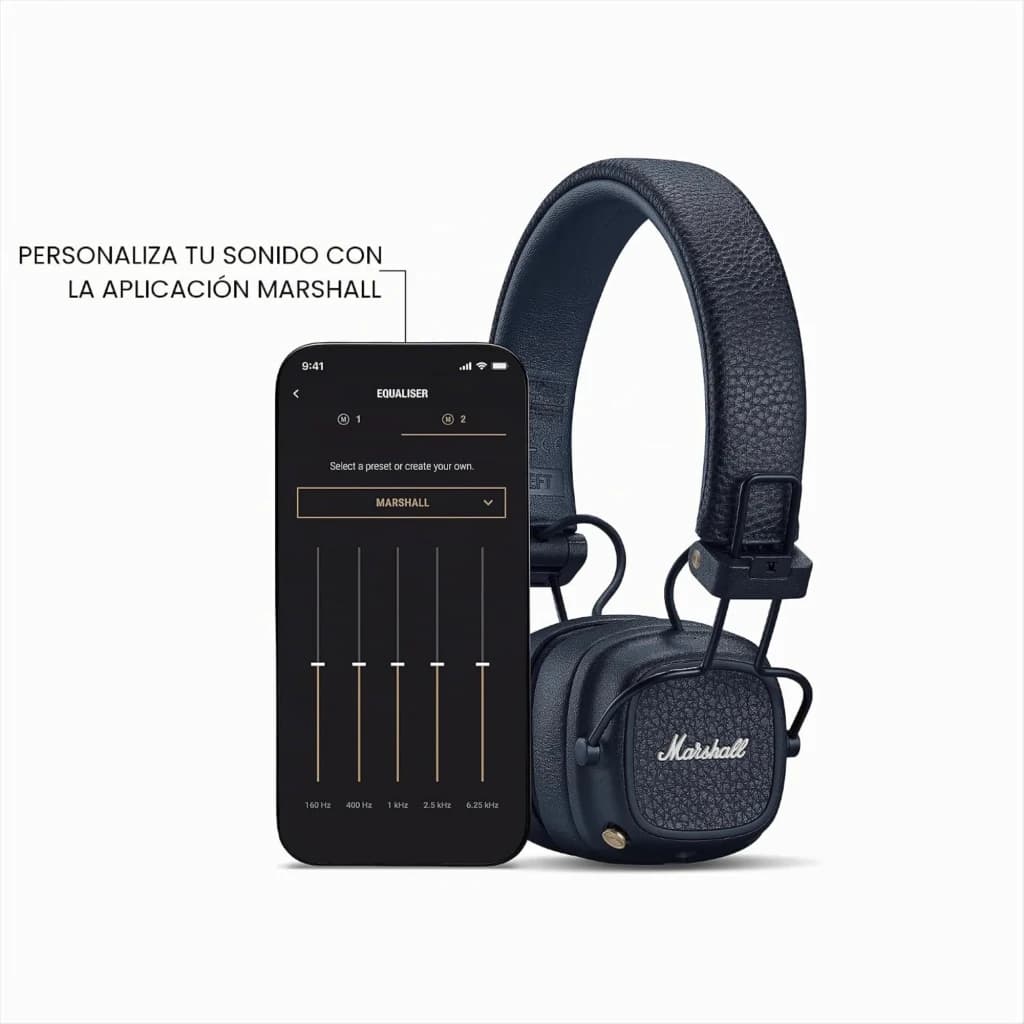 Marshall Major V Blue: casque supra-auriculaire bleu nuit, arceau texturé, oreillettes pliables, boutons dorés, appli Marshall affichée pour égaliseur