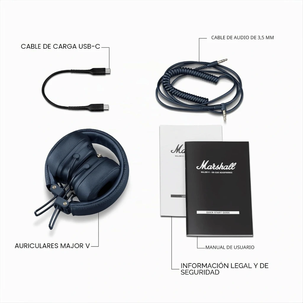 Marshall Major V Azul auriculares on-ear plegables en cuero texturizado, diadema acolchada y copas cuadradas con logo Marshall en relieve y botones metálicos - Ítem4