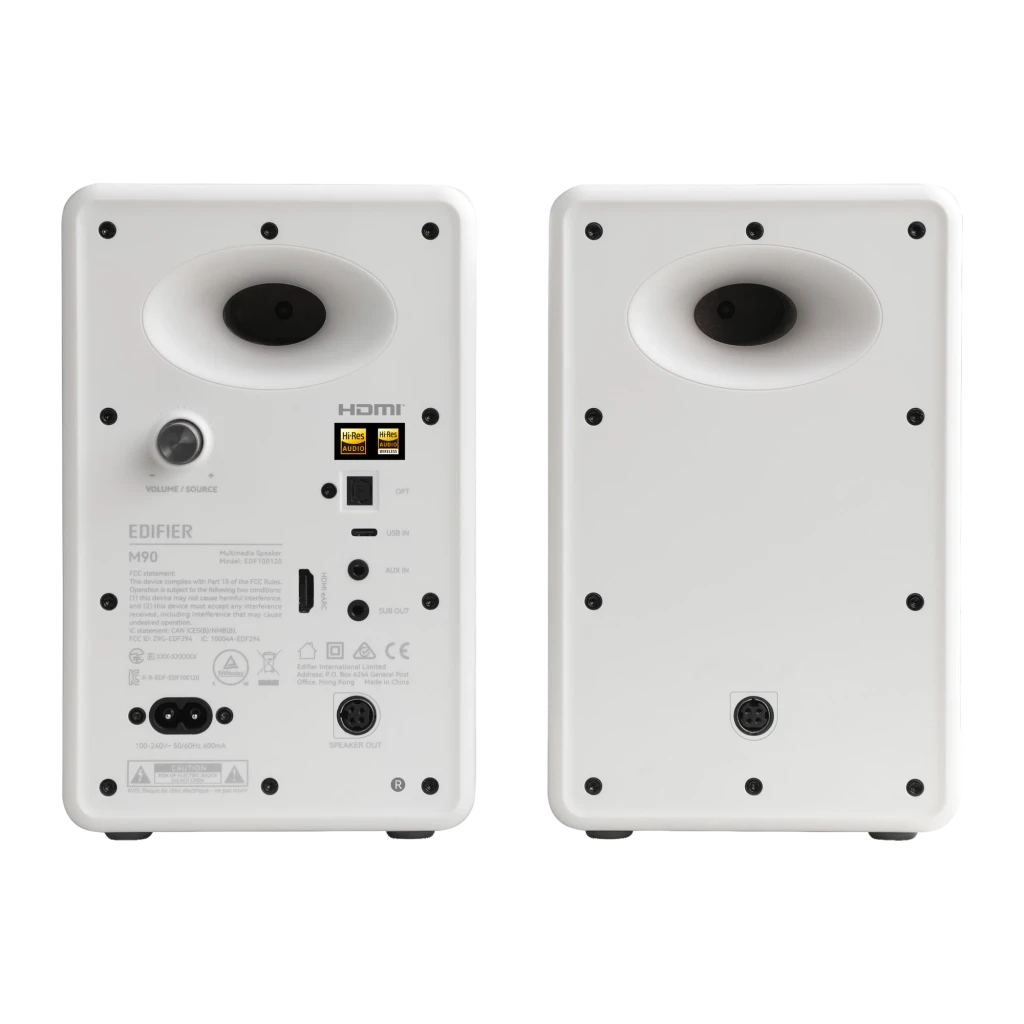 Par de altavoces Edifier M90 negros con acabado mate, woofer grande y tweeter frontal, incluye control remoto esbelto; diseño cúbico minimalista y robusto - Ítem6