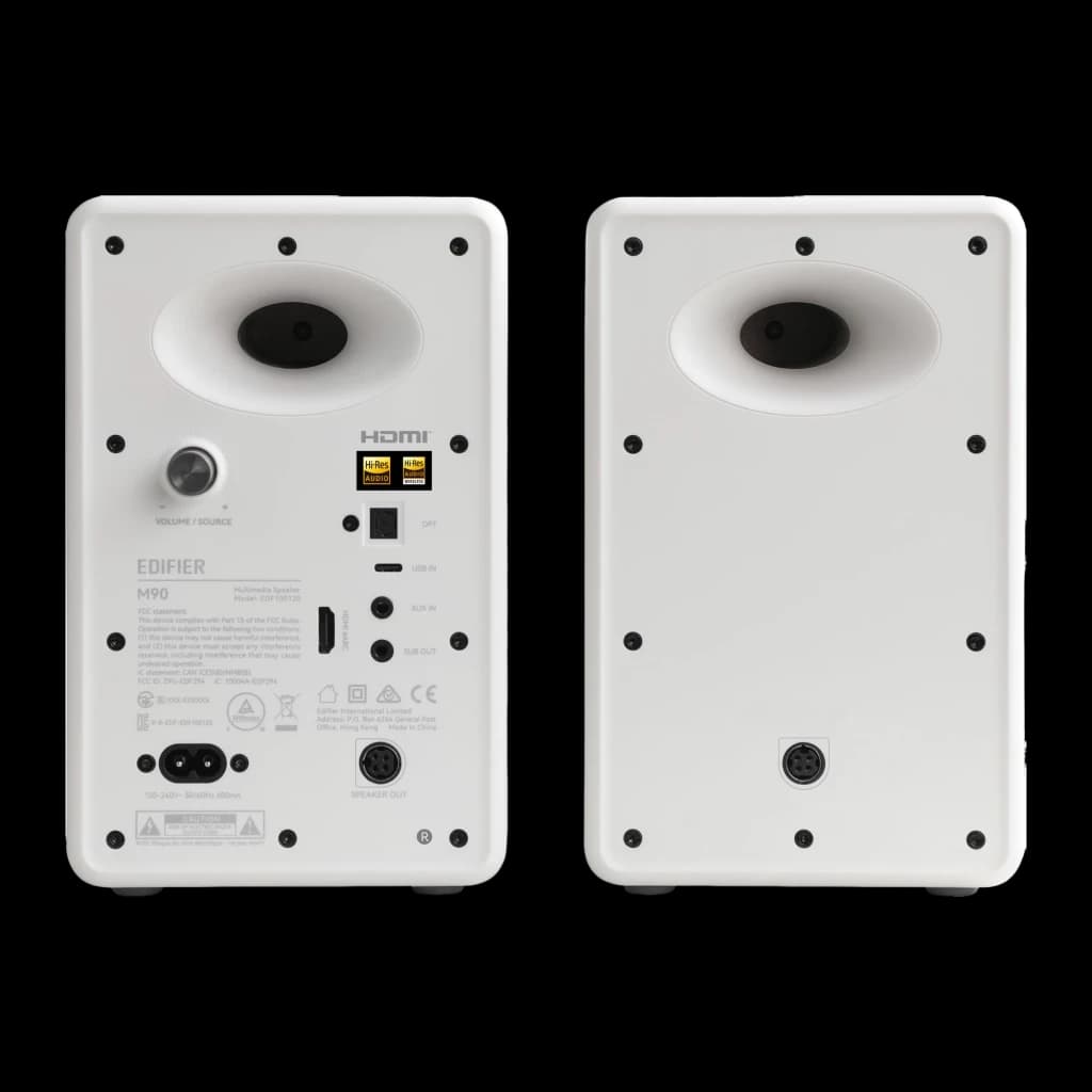 Enceintes Edifier M90 Blanc 100W Bluetooth 6.0 LDAC, boîtiers blancs mats, évents ovales arrière, ports HDMI et USB, commandes de volume et connectique