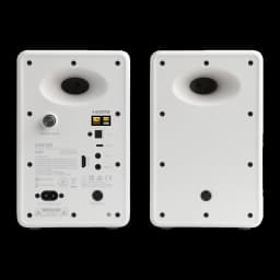 Enceintes Edifier M90 Blanc 100W Bluetooth 6.0 LDAC, boîtiers blancs mats, évents ovales arrière, ports HDMI et USB, commandes de volume et connectique