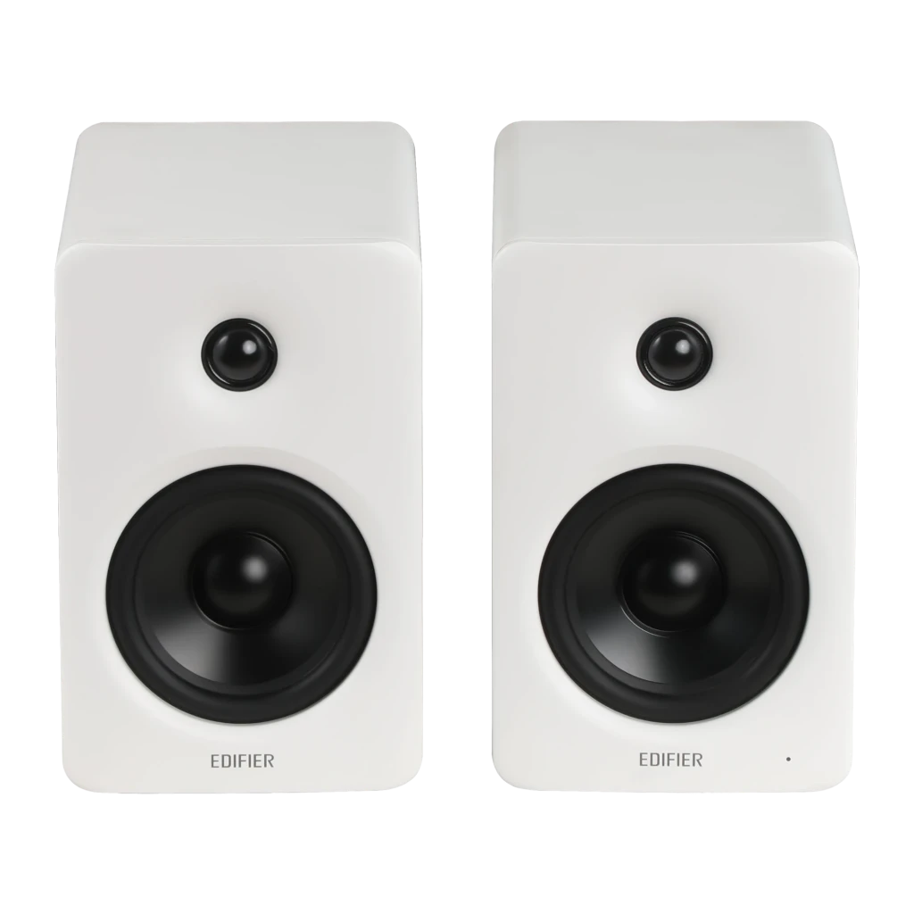 Par de altavoces Edifier M90 negros con acabado mate, woofer grande y tweeter frontal, incluye control remoto esbelto; diseño cúbico minimalista y robusto - Ítem1