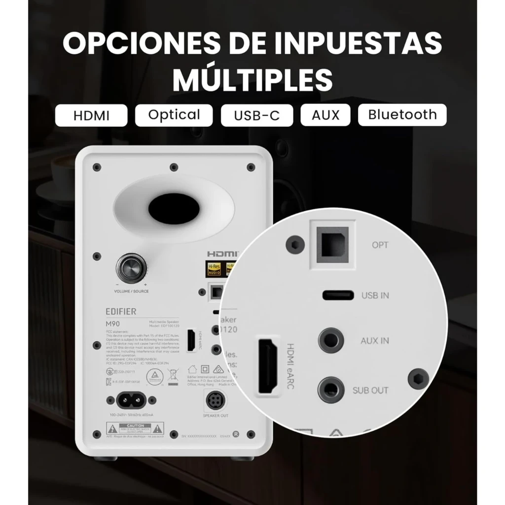 Par de altavoces Edifier M90 negros con acabado mate, woofer grande y tweeter frontal, incluye control remoto esbelto; diseño cúbico minimalista y robusto - Ítem2