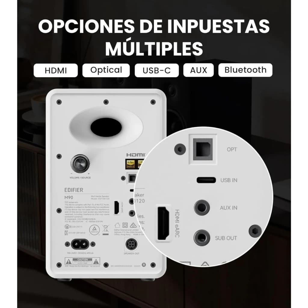 Panneau arrière blanc avec ports HDMI, OPT, USB-C, AUX, SUB OUT et bouton volume; évent bass-reflex ovale pour les Enceintes Edifier M90 100W Bluetooth LDAC