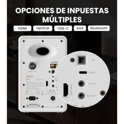 Panneau arrière blanc avec ports HDMI, OPT, USB-C, AUX, SUB OUT et bouton volume; évent bass-reflex ovale pour les Enceintes Edifier M90 100W Bluetooth LDAC