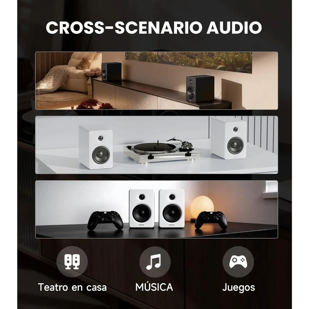 Par de altavoces Edifier M90 negros con acabado mate, woofer grande y tweeter frontal, incluye control remoto esbelto; diseño cúbico minimalista y robusto - Ítem3