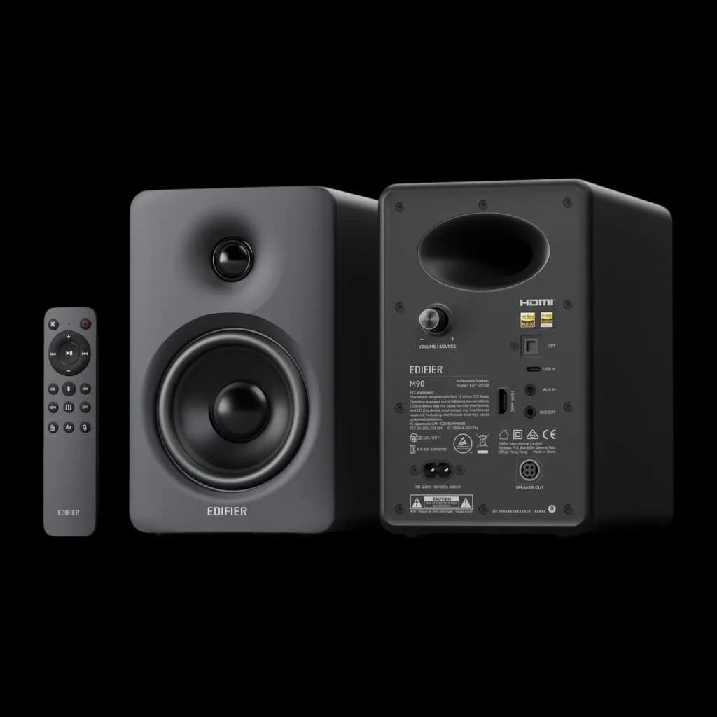 Enceintes Edifier M90 Noir 100W avec woofer large, tweeter discret, panneau arrière avec HDMI, optique et prises audio, télécommande fine incluse