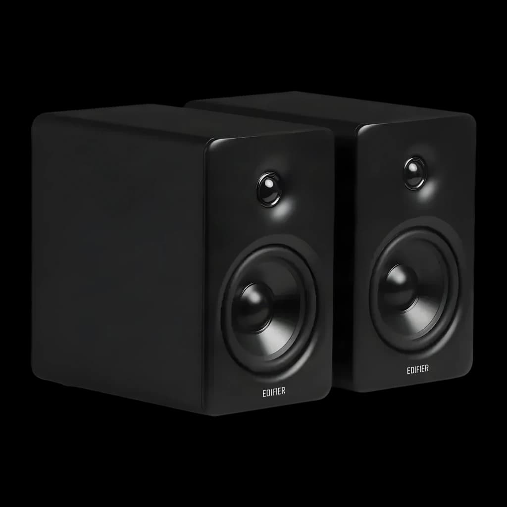 Enceintes Edifier M90 Noir compactes, finition mate, boomer large et tweeter frontal, design rectangulaire épuré, 100W, logo discret en bas