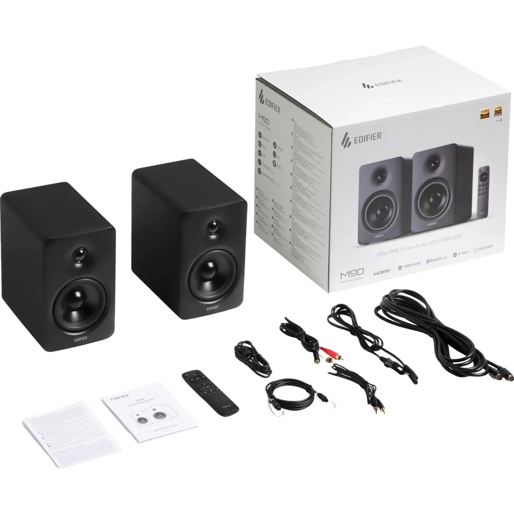 Altavoces Edifier M90 Negro 100W Bluetooth 6.0 LDAC con diseño minimalista mate, dos cajas compactas con woofer y tweeter frontales, incluye control remoto - Ítem1