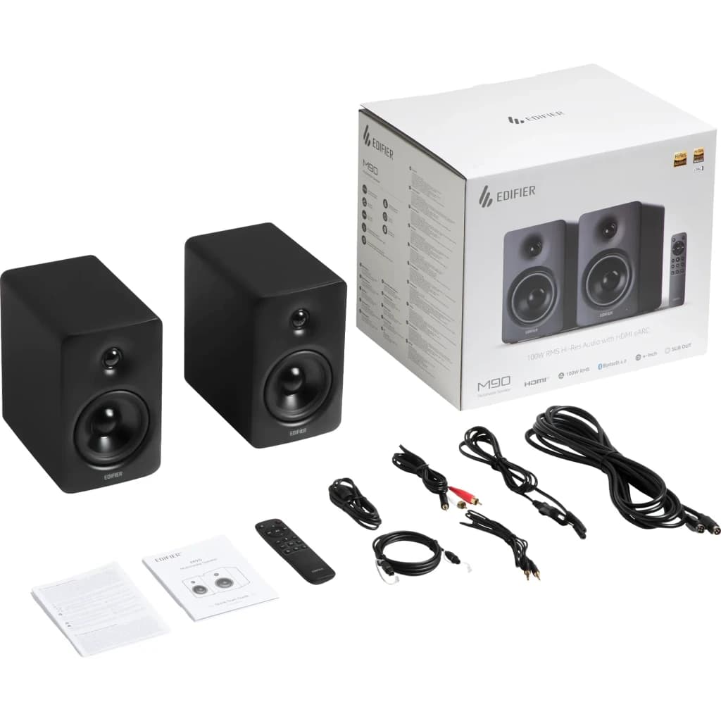 Enceintes Edifier M90 Noir 100W avec coffrets compacts noirs, tweeters et woofers ronds, télécommande, câbles audio et d’alimentation fournis