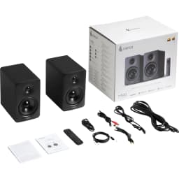 Enceintes Edifier M90 Noir 100W avec coffrets compacts noirs, tweeters et woofers ronds, télécommande, câbles audio et d’alimentation fournis