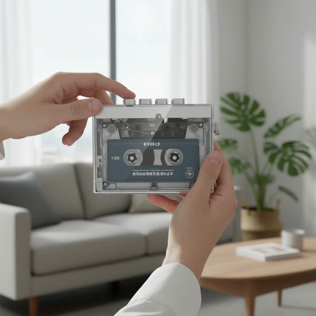 Reproductor de casete FiiO Electronics CP13 Transparent, carcasa transparente con cinta visible, botones superiores metálicos y puerto lateral de audio y carga - Ítem1