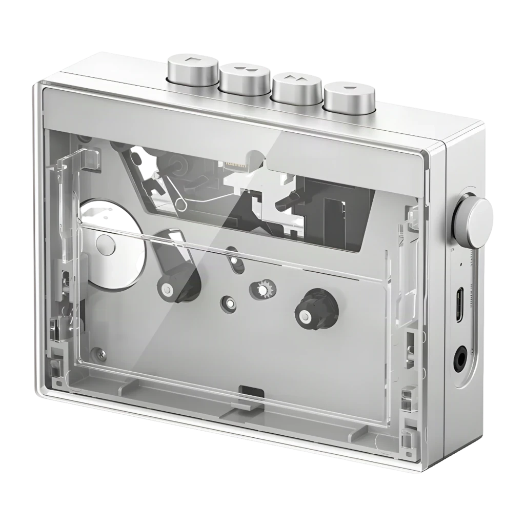 Reproductor de casete FiiO Electronics CP13 Transparent, carcasa transparente con cinta visible, botones superiores metálicos y puerto lateral de audio y carga - Ítem3