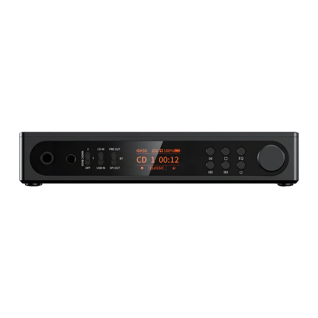 Reproductor de CD FiiO DM15 R2R Negro con panel frontal con perillas y pantalla OLED, bandeja superior visible y salida balanceada 4,4 mm en chasis metálico - Ítem8