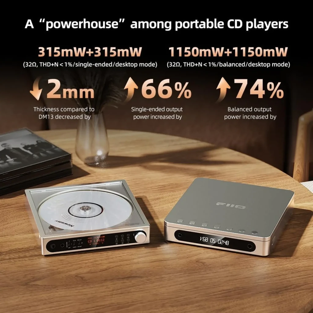 Reproductor de CD FiiO DM15 R2R Negro con panel frontal con perillas y pantalla OLED, bandeja superior visible y salida balanceada 4,4 mm en chasis metálico - Ítem5