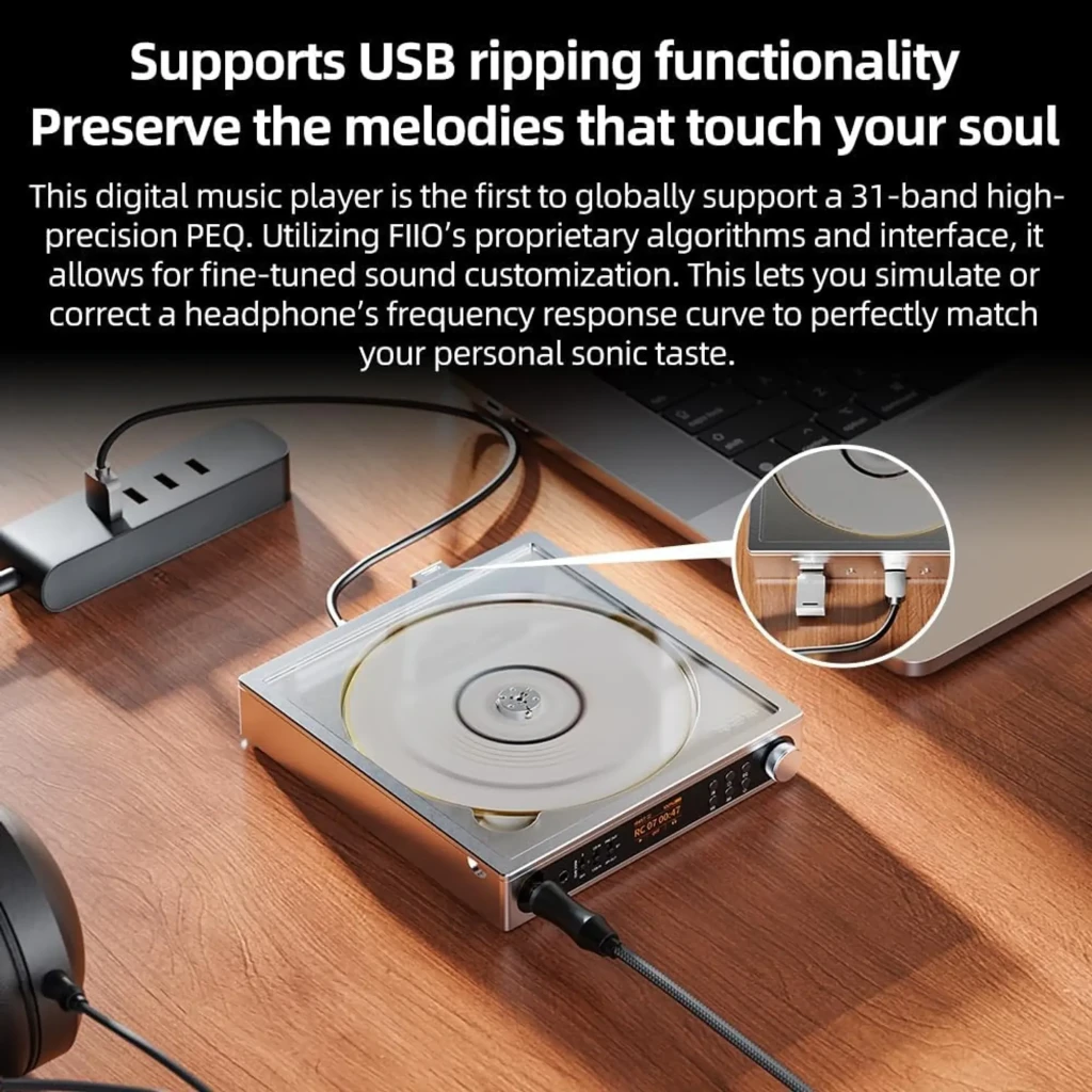 Reproductor de CD FiiO DM15 R2R Negro con panel frontal con perillas y pantalla OLED, bandeja superior visible y salida balanceada 4,4 mm en chasis metálico - Ítem4