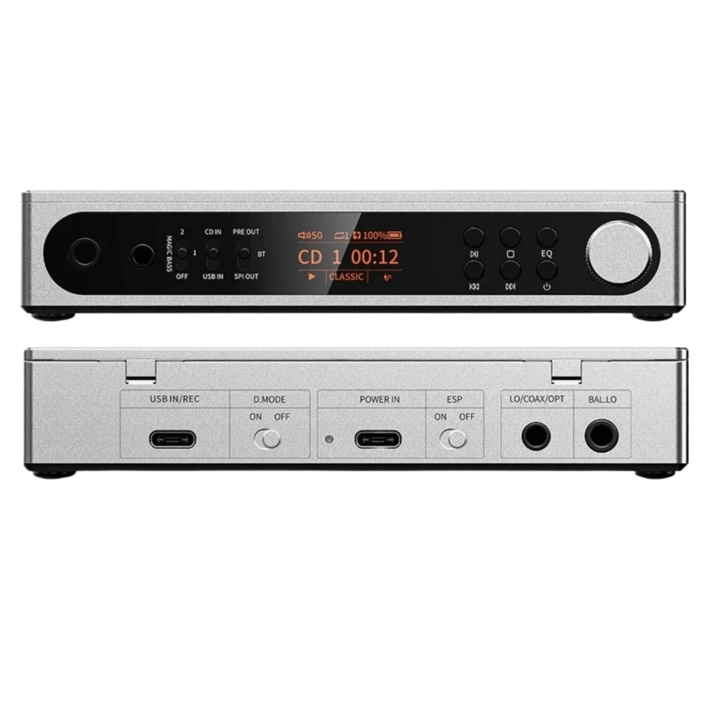 Reproductor de CD FiiO DM15 R2R Plata con tapa transparente, dial frontal, pantalla OLED ámbar y salidas 4,4 mm balanceada y 3,5 mm auxiliares - Ítem7