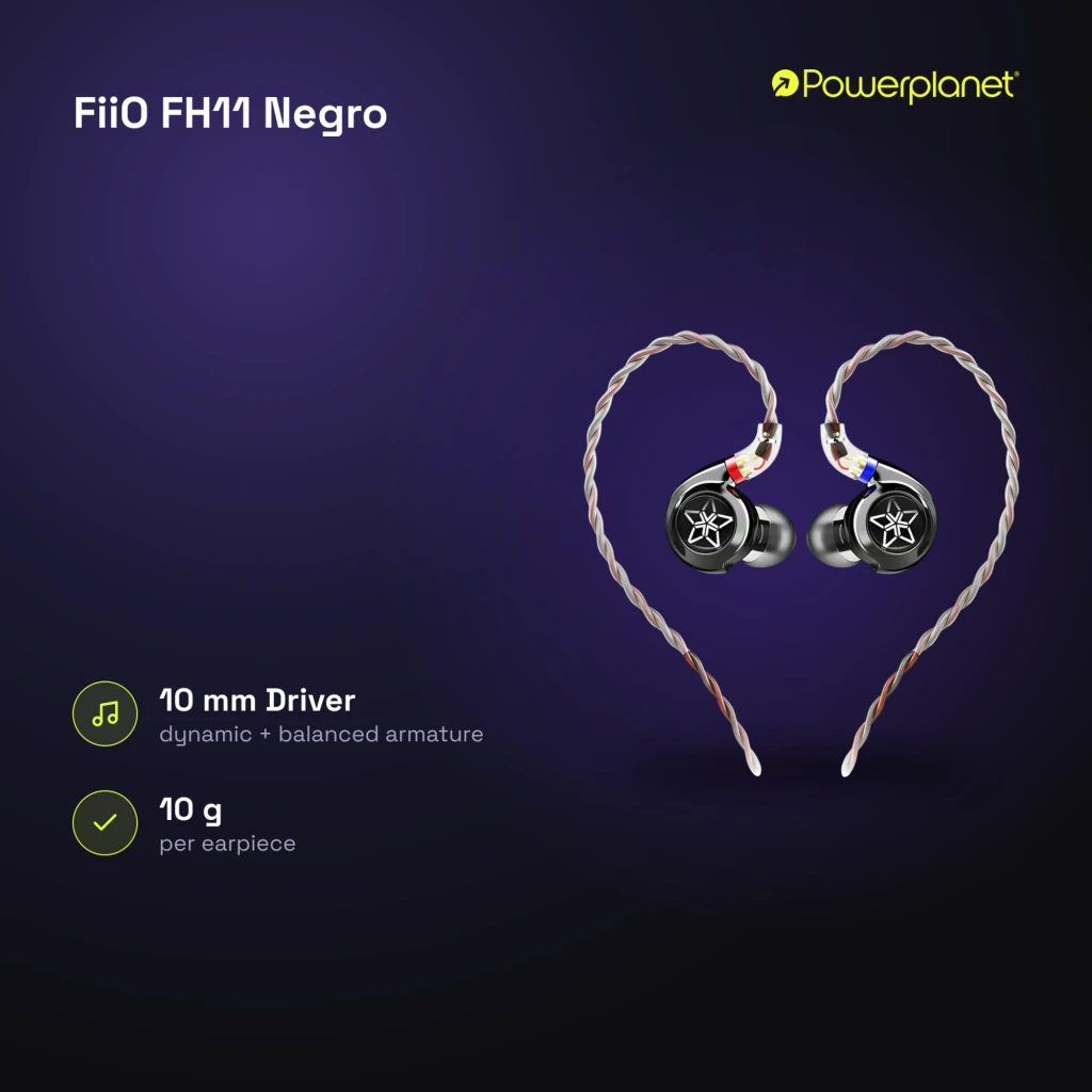 Auriculares FiiO FH11 In-Ear com cabo trançado removível, conectores coloridos L/R, corpo preto brilhante com logo em estrela e ponta de silicone, Jack 3,5 mm - Item7