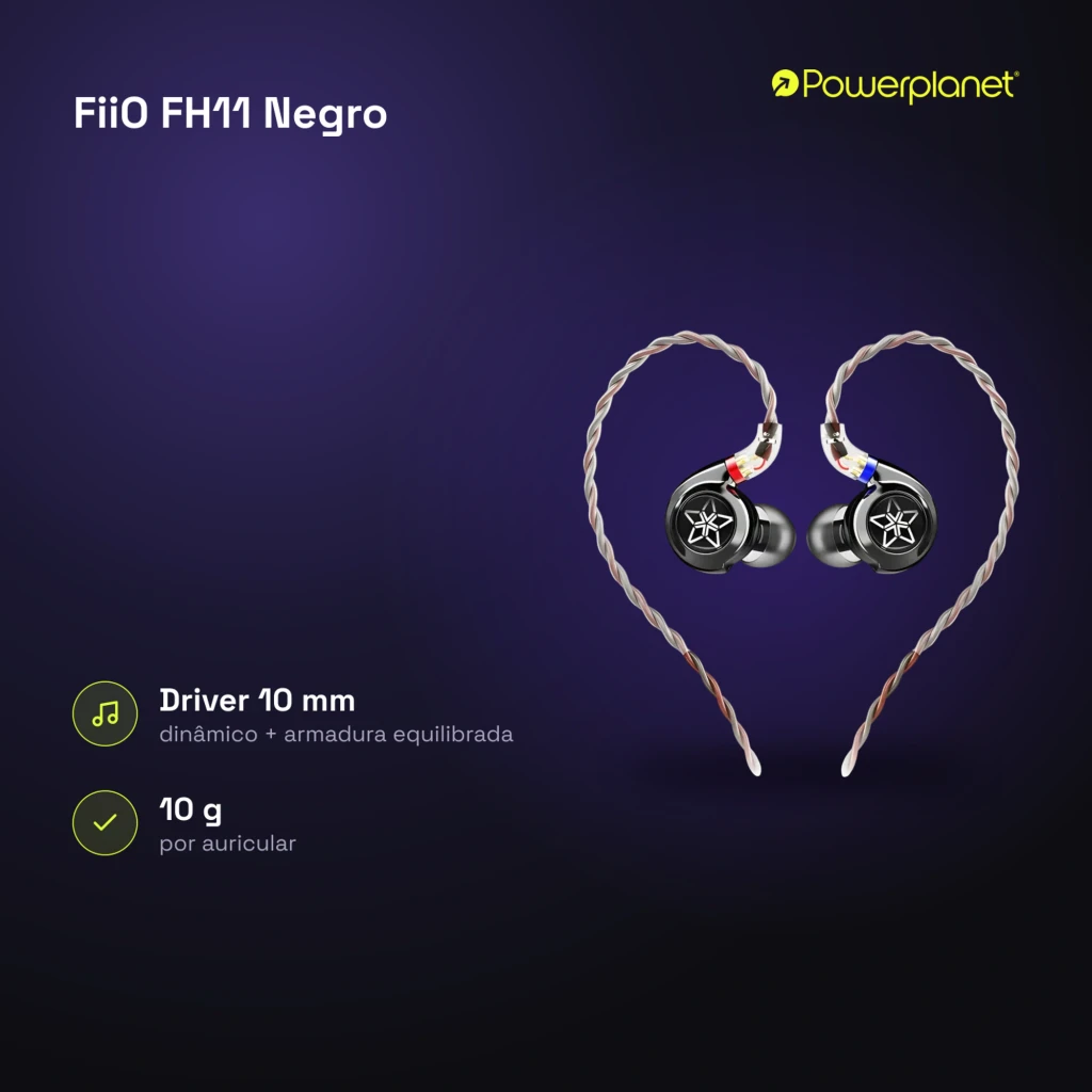 Auriculares FiiO FH11 In-Ear com cabo trançado removível, conectores coloridos L/R, corpo preto brilhante com logo em estrela e ponta de silicone, Jack 3,5 mm - Item9