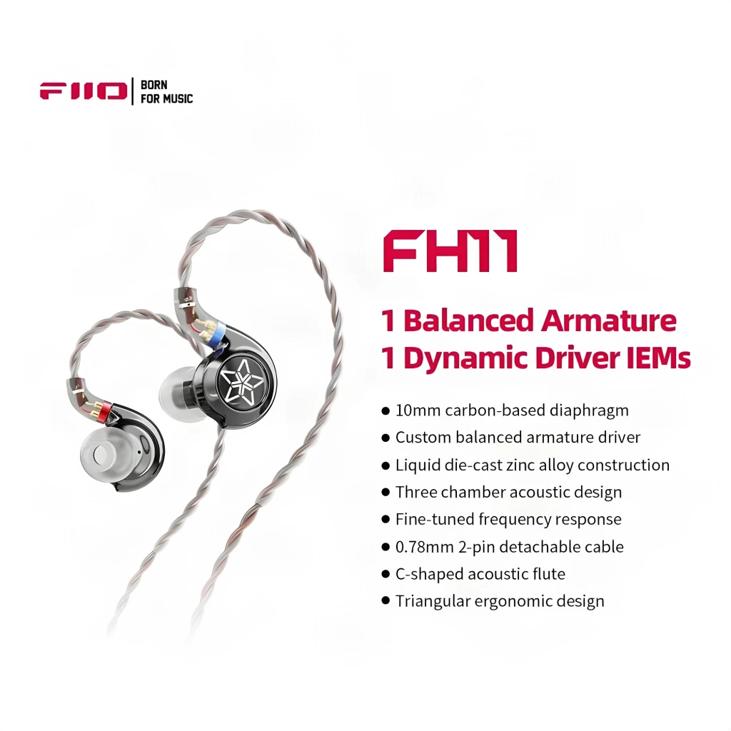 Auriculares FiiO FH11 In-Ear com cabo trançado removível, conectores coloridos L/R, corpo preto brilhante com logo em estrela e ponta de silicone, Jack 3,5 mm - Item2