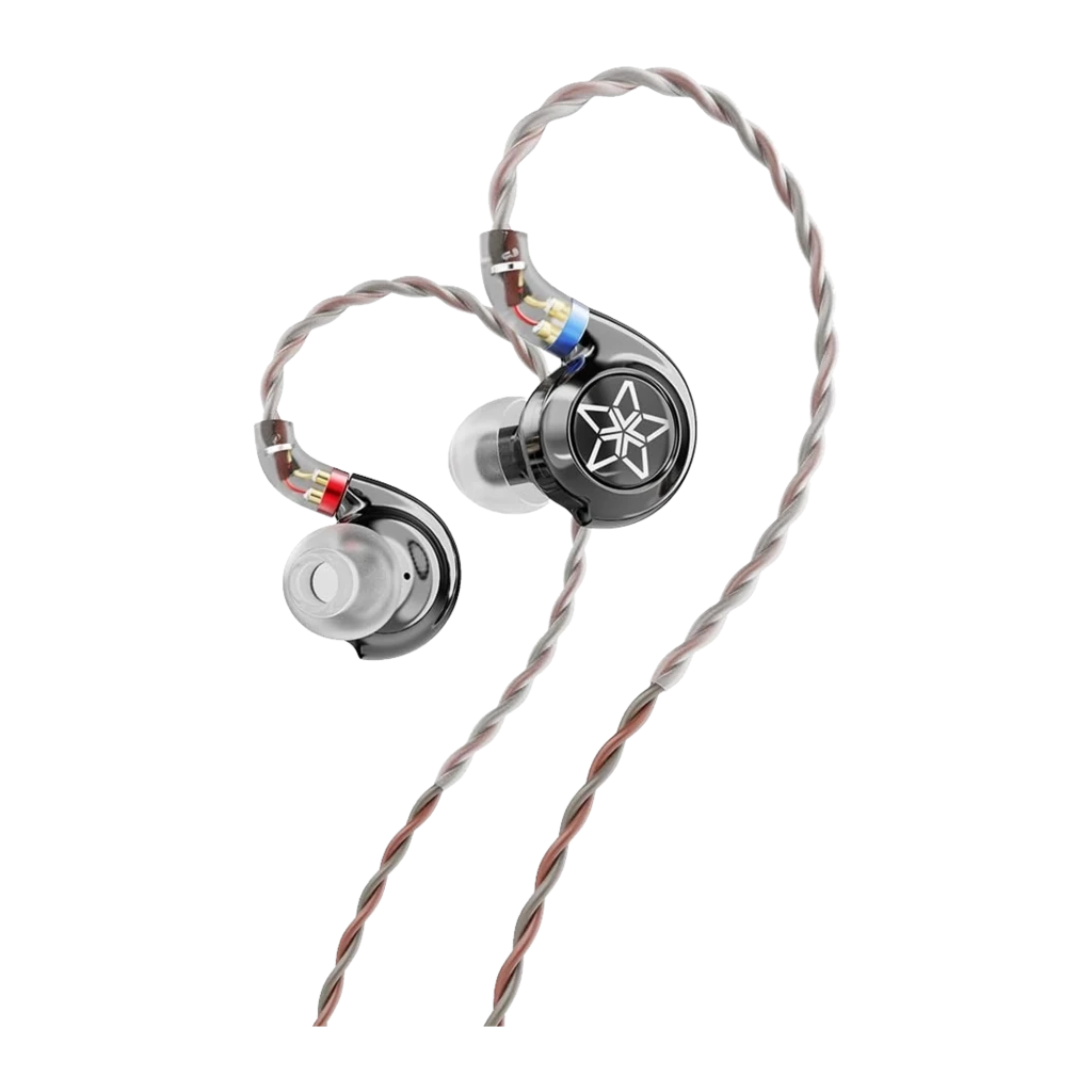 Auriculares FiiO FH11 In-Ear com cabo trançado removível, conectores coloridos L/R, corpo preto brilhante com logo em estrela e ponta de silicone, Jack 3,5 mm - Item1
