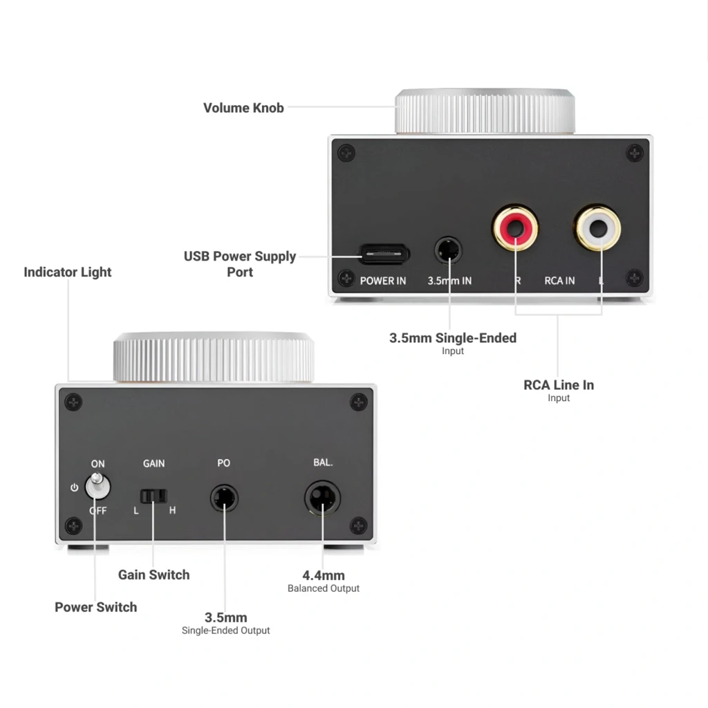 Amplificador FiiO Jade Audio GIGAS1 negro con gran perilla dorada, chasis metálico, salida balanceada 4,4 mm, potenciómetro con marcas y controles frontales - Ítem3