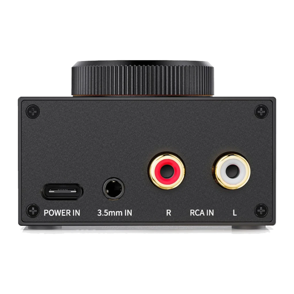 Amplificador FiiO Jade Audio GIGAS1 negro con gran perilla dorada, chasis metálico, salida balanceada 4,4 mm, potenciómetro con marcas y controles frontales - Ítem2
