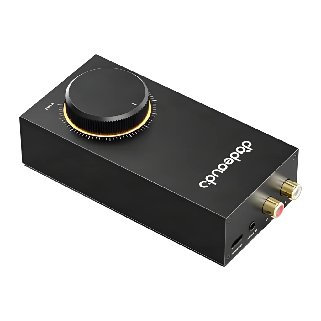 Amplificador FiiO Jade Audio GIGAS1 negro con gran perilla dorada, chasis metálico, salida balanceada 4,4 mm, potenciómetro con marcas y controles frontales - Ítem1
