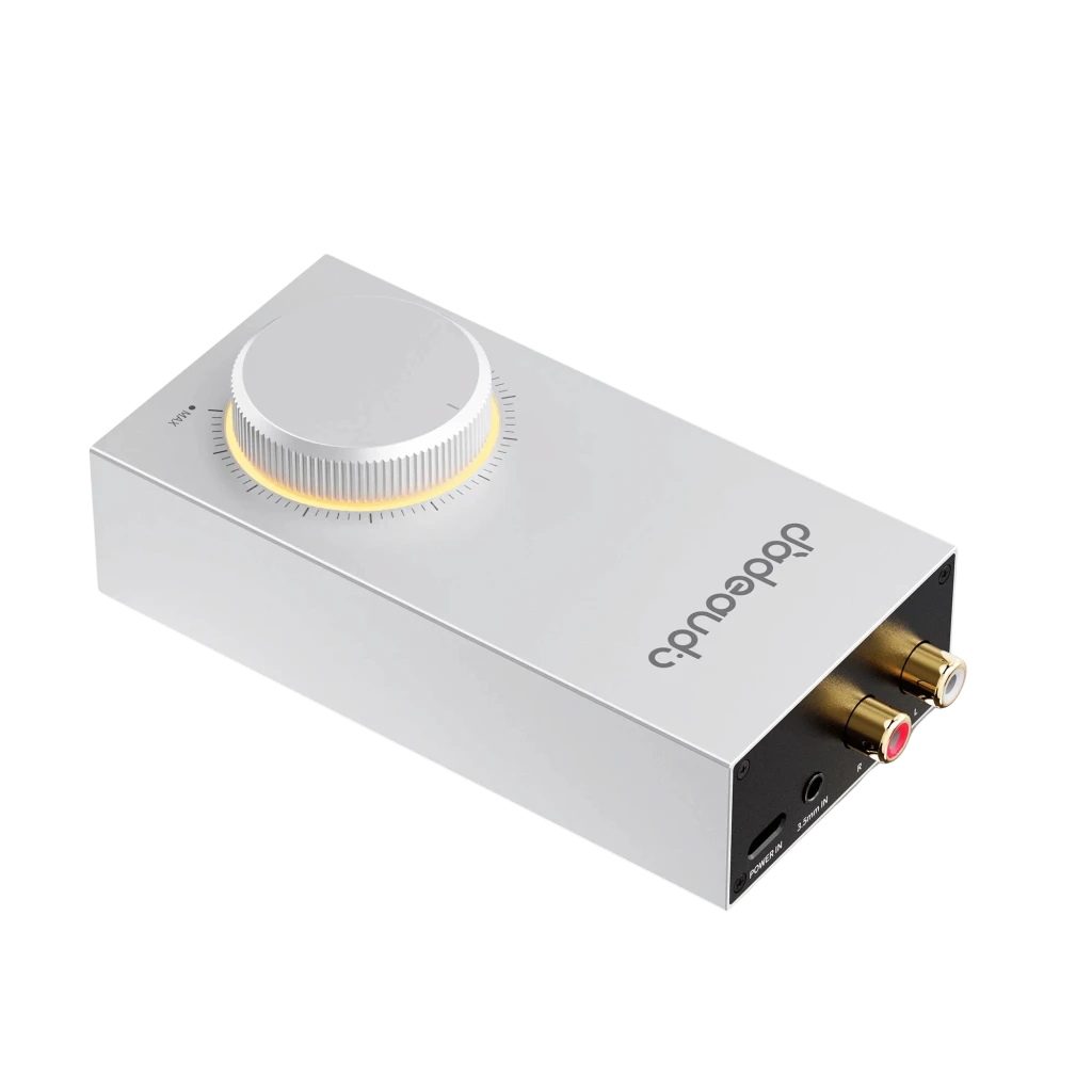 Amplificador portátil plateado con gran perilla central iluminada, chasis metálico, salida balanceada 4,4 mm al frente y controles laterales minimalistas - Ítem2