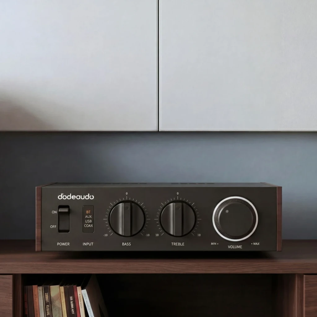 Amplificador FiiO LEVEL 1 plateado con panel frontal metálico, perillas de volumen, graves y agudos, selector de entrada y laterales en acabado madera - Ítem2