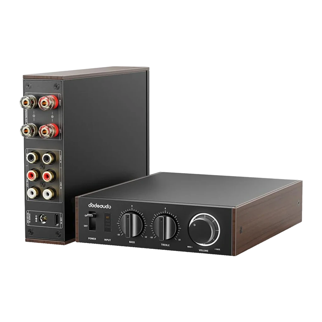 Amplificador FiiO LEVEL 1 negro con panel frontal metálico, laterales efecto madera, perillas grandes de volumen, graves y agudos, indicador LED y selector de - Ítem5
