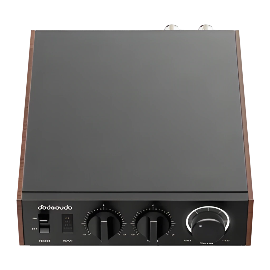 Amplificador FiiO LEVEL 1 negro con panel frontal metálico, laterales efecto madera, perillas grandes de volumen, graves y agudos, indicador LED y selector de - Ítem1