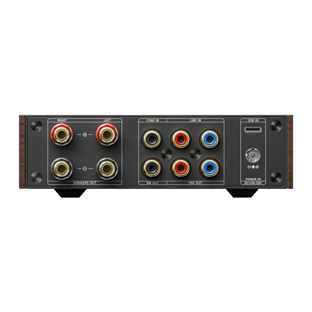 Amplificador FiiO LEVEL 1 negro con panel frontal metálico, laterales efecto madera, perillas grandes de volumen, graves y agudos, indicador LED y selector de - Ítem2