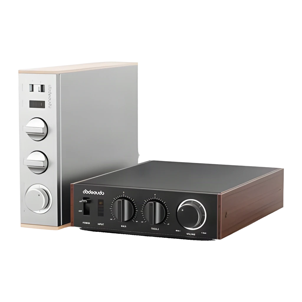 Amplificador FiiO LEVEL 1 plateado con panel frontal metálico, perillas de volumen, graves y agudos, selector de entrada y laterales en acabado madera - Ítem1