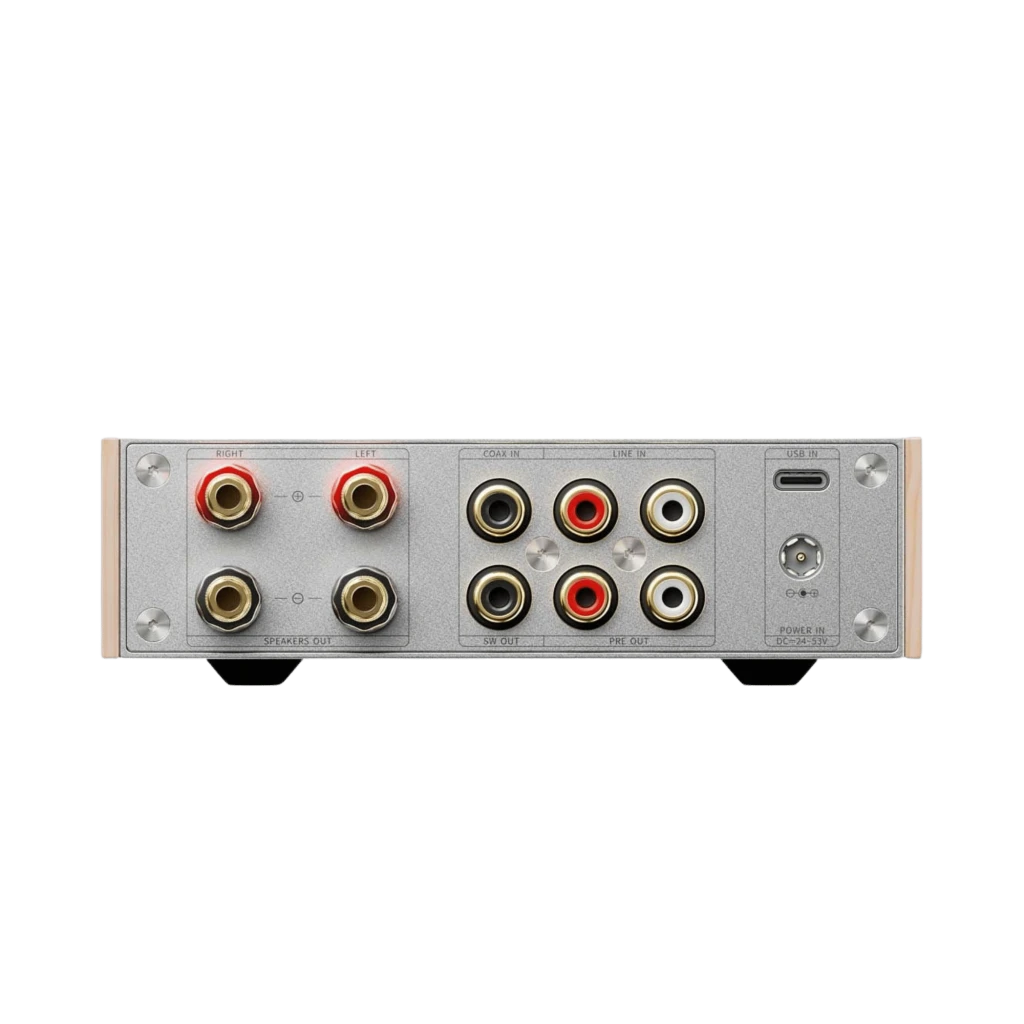 Amplificador FiiO LEVEL 1 plateado con panel frontal metálico, perillas de volumen, graves y agudos, selector de entrada y laterales en acabado madera - Ítem4