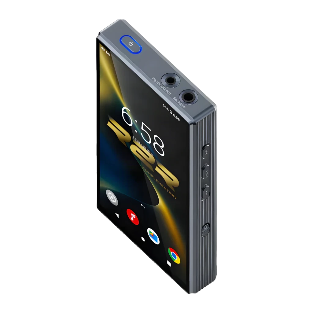 Lecteur audio portable FiiO Electronics DSD512 natif 4,4 mm 5580166, vue isométrique: écran allumé, bouton power bleu