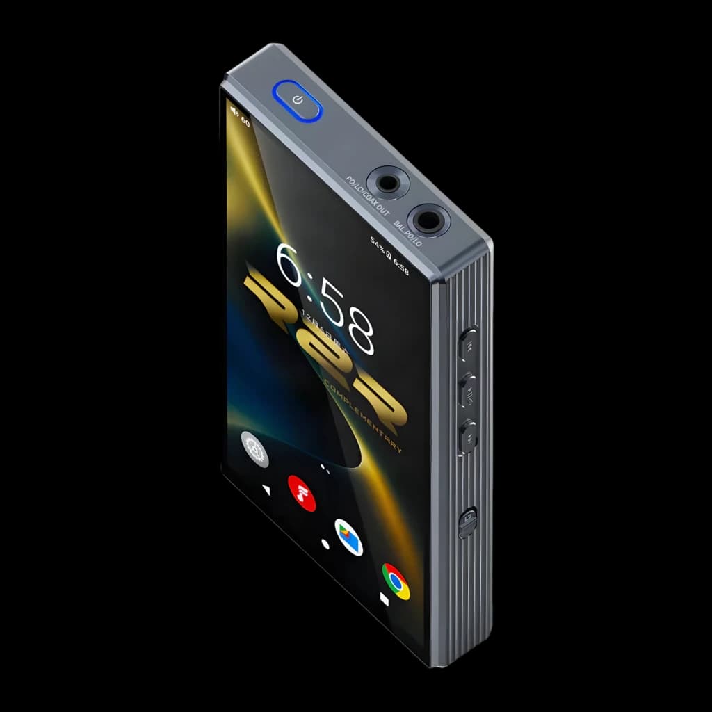 Lecteur audio portable FiiO Electronics DSD512 natif 4,4 mm 5580166, vue isométrique: écran allumé, bouton power bleu