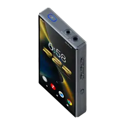 Lecteur audio portable FiiO Electronics DSD512 natif 4,4 mm 5580166, vue isométrique: écran allumé, bouton power bleu