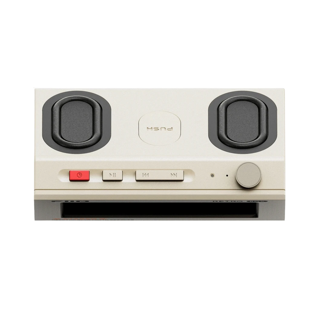 Enceinte Bluetooth FiiO Retro Box 10 W noir, design cassette vintage, écran affichant piste, doubles radiateurs latéraux, boîtier beige compact et robuste - Ítem5