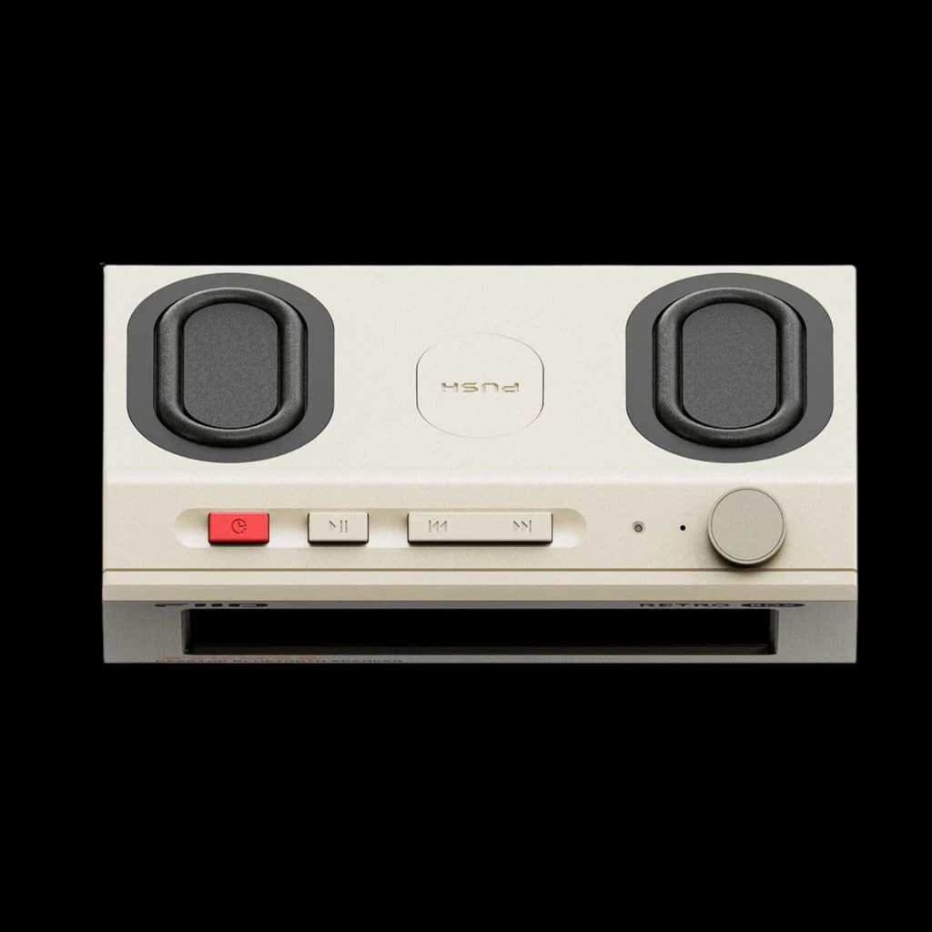 Altavoz Bluetooth FiiO Retro Box 10W blanco con diseño vintage, dos radiadores pasivos frontales, botones físicos, perilla de volumen y luz indicadora