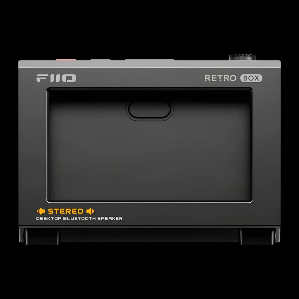 Altavoz Bluetooth FiiO Retro Box negro, diseño rectangular retro, frontal abierto con asa central, controles superiores y base estable, 10W estéreo LDAC