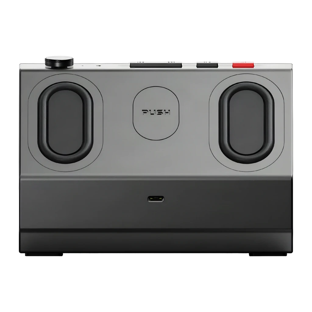 Enceinte Bluetooth FiiO Retro Box 10 W noire, design cassette rétro, écran frontal, commandes latérales, boîtier anguleux compact et ports visibles - Ítem4