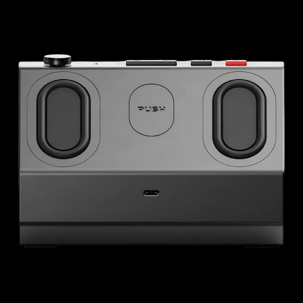 Altavoz Bluetooth FiiO Retro Box negro con diseño retro, doble radiador pasivo frontal, perilla superior, botones laterales y puerto USB-C central