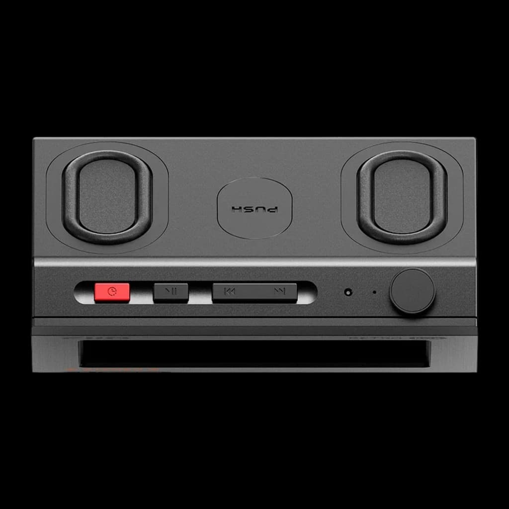 Altavoz Bluetooth FiiO Retro Box 10W negro con frontal minimalista, dos radiadores pasivos visibles, botones físicos, LED indicador y dial de volumen