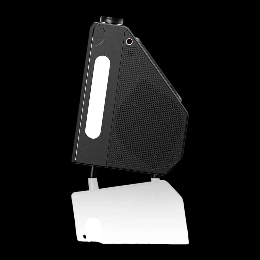 Altavoz Bluetooth FiiO Retro Box negro, diseño retro en ángulo con rejilla metálica, perilla superior y asa lateral blanca; compacto y portátil