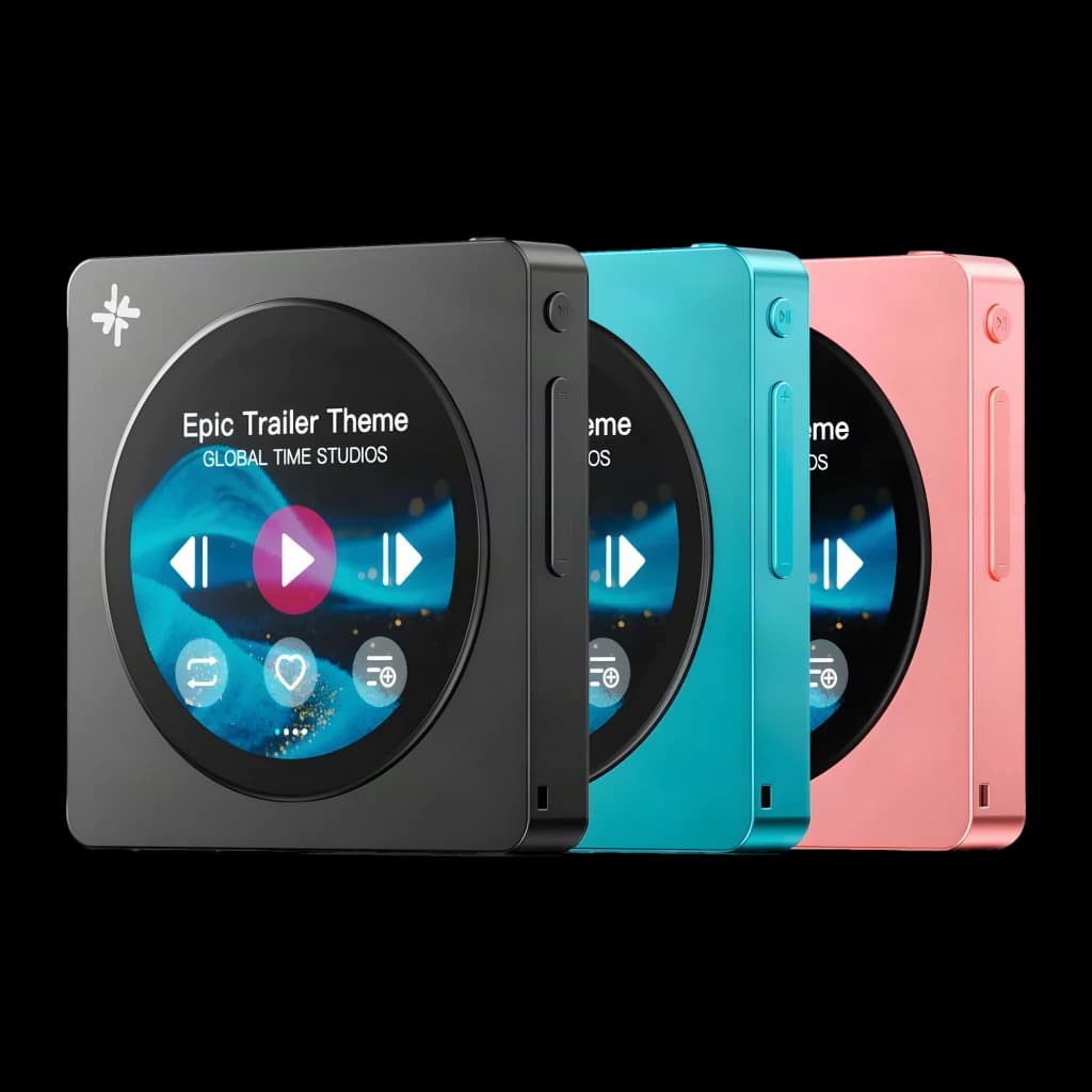 Lecteur FiiO Snowsky DISC Noir compact, écran rond couleur avec commandes musicales, boîtier anguleux, décliné en noir, turquoise et rose