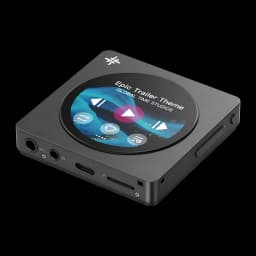 Lecteur FiiO Snowsky DISC Noir carré, écran rond couleur affichant commandes multimédia, boîtier métal, ports casque et USB-C sur la tranche, boutons
